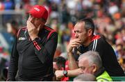 5 June 2022; Tyrone joint-managers Feargal Logan, left, and Brian Dooher during the GAA Football All-Ireland Senior Championship Round 1 match between Armagh and Tyrone at Athletic Grounds in Armagh. Photo by Ramsey Cardy/Sportsfile