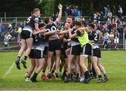 5 June 2022; Sligo goalkeeper Aidan Devaney is congratulated after saving two penalties in a penalty shoot out by team mates in the Tailteann Cup Quarter-Final match between Leitrim and Sligo at Avant Money Páirc Seán Mac Diarmada, Carrick-on-Shannon in Leitrim. Photo by Ray Ryan/Sportsfile