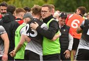 5 June 2022; Sligo manager Tony McEntee congratulates David Phillips of Sligo at the end of the game in the Tailteann Cup Quarter-Final match between Leitrim and Sligo at Avant Money Páirc Seán Mac Diarmada, Carrick-on-Shannon in Leitrim. Photo by Ray Ryan/Sportsfile