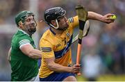 5 June 2022; David Reidy of Clare in action against Seán Finn of Limerick during the Munster GAA Hurling Senior Championship Final match between Limerick and Clare at FBD Semple Stadium in Thurles, Tipperary. Photo by Piaras Ó Mídheach/Sportsfile
