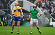 5 June 2022; Declan Hannon of Limerick celebrates after putting his side ahead with the second last point of normal time during the Munster GAA Hurling Senior Championship Final match between Limerick and Clare at FBD Semple Stadium in Thurles, Tipperary. Photo by Brendan Moran/Sportsfile