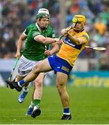 5 June 2022; Mark Rodgers of Clare in action against William O'Donoghue of Limerick during the Munster GAA Hurling Senior Championship Final match between Limerick and Clare at FBD Semple Stadium in Thurles, Tipperary. Photo by Brendan Moran/Sportsfile