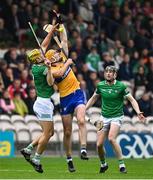 5 June 2022; Dan Morrisey of Limerick and David Reidy of Clare contest a dropping ball during the Munster GAA Hurling Senior Championship Final match between Limerick and Clare at FBD Semple Stadium in Thurles, Tipperary. Photo by Brendan Moran/Sportsfile