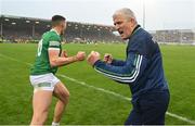 5 June 2022; Limerick manager John Kiely, right and Gearoid Hegarty celebrate at the final whistle of the Munster GAA Hurling Senior Championship Final match between Limerick and Clare at FBD Semple Stadium in Thurles, Tipperary. Photo by Brendan Moran/Sportsfile