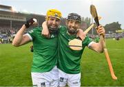 5 June 2022; Limerick players Séamus Flanagan, left, and Graeme Mulcahy celebrate after the Munster GAA Hurling Senior Championship Final match between Limerick and Clare at FBD Semple Stadium in Thurles, Tipperary. Photo by Brendan Moran/Sportsfile