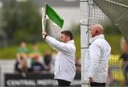 5 June 2022; The umpires indicate a square ball, after Shane Moran of Leitrim was in the the small rectangle when he scored his goal during the Tailteann Cup Quarter-Final match between Leitrim and Sligo at Avant Money Páirc Seán Mac Diarmada, Carrick-on-Shannon in Leitrim. Photo by Ray Ryan/Sportsfile