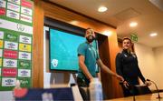6 June 2022; CJ Hamilton and Kieran Crowley, FAI communications manager, after a Republic of Ireland press conference at FAI Headquarters in Abbotstown, Dublin. Photo by Stephen McCarthy/Sportsfile