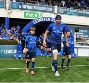 4 June 2022; Leinster captain James Ryan runs out with mascots Tony and Joanne McDonnell before the United Rugby Championship Quarter-Final match between Leinster and Glasgow Warriors at RDS Arena in Dublin. Photo by Harry Murphy/Sportsfile