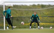 6 June 2022; Goalkeeper James Talbot faces a shot from Alan Browne during a Republic of Ireland training session at the FAI National Training Centre in Abbotstown, Dublin. Photo by Stephen McCarthy/Sportsfile