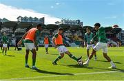6 June 2022; Eiran Cashin, centre, and Tyreik Wright of Republic of Ireland during the warm-up before the UEFA European U21 Championship qualifying group F match between Republic of Ireland and Montenegro at Tallaght Stadium in Dublin. Photo by Seb Daly/Sportsfile