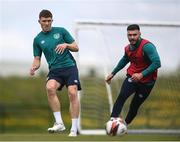6 June 2022; Dara O'Shea, left, and Scott Hogan during a Republic of Ireland training session at the FAI National Training Centre in Abbotstown, Dublin. Photo by Stephen McCarthy/Sportsfile
