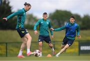 6 June 2022; Jason Knight, centre, with Will Keane, left, and Darragh Lenihan, right, during a Republic of Ireland training session at the FAI National Training Centre in Abbotstown, Dublin. Photo by Stephen McCarthy/Sportsfile