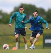 6 June 2022; Jason Knight, left, and Darragh Lenihan during a Republic of Ireland training session at the FAI National Training Centre in Abbotstown, Dublin. Photo by Stephen McCarthy/Sportsfile