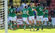 6 June 2022; Eiran Cashin of Republic of Ireland, 5, celebrates with teammate Mark McGuinness after assisting their side's second goal, scored by Liam Kerrigan, during the UEFA European U21 Championship qualifying group F match between Republic of Ireland and Montenegro at Tallaght Stadium in Dublin. Photo by Seb Daly/Sportsfile