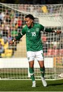 6 June 2022; Tyreik Wright of Republic of Ireland celebrates after scoring his side's third goal during the UEFA European U21 Championship qualifying group F match between Republic of Ireland and Montenegro at Tallaght Stadium in Dublin. Photo by Eóin Noonan/Sportsfile