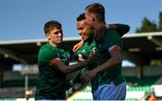 6 June 2022; Tyreik Wright of Republic of Ireland celebrates with teammates Gavin Kilkenny, left, and Evan Ferguson, right, after scoring his side's third goal during the UEFA European U21 Championship qualifying group F match between Republic of Ireland and Montenegro at Tallaght Stadium in Dublin. Photo by Eóin Noonan/Sportsfile