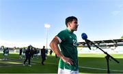 6 June 2022; Liam Kerrigan of Republic of Ireland speaking to RTÉ after the UEFA European U21 Championship qualifying group F match between Republic of Ireland and Montenegro at Tallaght Stadium in Dublin. Photo by Eóin Noonan/Sportsfile