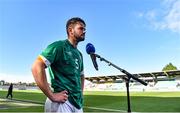 6 June 2022; Eiran Cashin of Republic of Ireland speaking to RTÉ after the UEFA European U21 Championship qualifying group F match between Republic of Ireland and Montenegro at Tallaght Stadium in Dublin. Photo by Eóin Noonan/Sportsfile