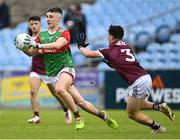 6 May 2022; Paul Gilmore of Mayo in action against Tomás Farthing of Galway during the Electric Ireland Connacht GAA Football Minor Championship Final match between Galway and Mayo at Hastings Insurance MacHale Park in Castlebar, Mayo. Photo by Piaras Ó Mídheach/Sportsfile
