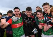 6 May 2022; Mayo players, from left, Cathal Keaveney, David Dolan and Lorcan Silke celebrate after their side's victory in the Electric Ireland Connacht GAA Football Minor Championship Final match between Galway and Mayo at Hastings Insurance MacHale Park in Castlebar, Mayo. Photo by Piaras Ó Mídheach/Sportsfile