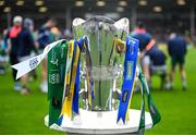 5 June 2022; The Mick Mackey Cup stands on a podium as the Limerick players assemble for the traditional pre match team photograph before the Munster GAA Hurling Senior Championship Final match between Limerick and Clare at Semple Stadium in Thurles, Tipperary. Photo by Ray McManus/Sportsfile