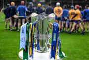 5 June 2022; The Mick Mackey Cup stands on a podium as the Clare players assemble for the traditional pre match team photograph before the Munster GAA Hurling Senior Championship Final match between Limerick and Clare at Semple Stadium in Thurles, Tipperary. Photo by Ray McManus/Sportsfile
