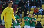 6 June 2022; Will Smallbone of Republic of Ireland, second from right, celebrates with teammates after scoring their side's first goal during the UEFA European U21 Championship qualifying group F match between Republic of Ireland and Montenegro at Tallaght Stadium in Dublin. Photo by Seb Daly/Sportsfile
