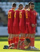 6 June 2022; Ðorde Šaletic of Montenegro takes up a position behind a wall of his teammates during the UEFA European U21 Championship qualifying group F match between Republic of Ireland and Montenegro at Tallaght Stadium in Dublin. Photo by Seb Daly/Sportsfile