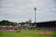 5 June 2022; Both teams stand for the National Anthem before the GAA Football All-Ireland Senior Championship Round 1 match between Armagh and Tyrone at Athletic Grounds in Armagh. Photo by Ramsey Cardy/Sportsfile