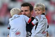 3 June 2022; Ulster defence coach Jared Payne with his sons Jake and Tyler after the United Rugby Championship Quarter-Final match between Ulster and Munster at Kingspan Stadium in Belfast. Photo by Ramsey Cardy/Sportsfile