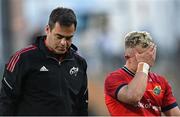 3 June 2022; Munster head coach Johann van Graan, left, and Craig Casey of Munster after the United Rugby Championship Quarter-Final match between Ulster and Munster at Kingspan Stadium in Belfast. Photo by Ramsey Cardy/Sportsfile