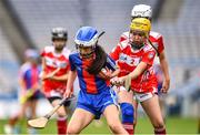 7 June 2022; Úna Ní Bhréartúin of GS Chonc Liomhna, Dublin, in action against Seren O'Reilly of St Benidict's NS Ongar, Dublin, during the Corn Uí Siochan final at the Allianz Cumann na mBunscol Finals in Croke Park, Dublin. Over 2,800 schools and 200,000 students are set to compete in the primary schools competition this year with finals taking place across the country. Allianz and Cumann na mBunscol are also gifting 500 footballs, 200 hurleys and 200 sliotars to schools across the country to welcome Ukrainian students into our national games and local communities. Photo by Ben McShane/Sportsfile