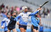 7 June 2022; Maia Nic an Úcaire of Gaelscoile Inse Chor, Dublin, in action against Dasha Harbarchuk, left, and Ailbhe Quinn of Loreto GNA Dalkey, Dublin, during the Corn Uí Mhaoilan final at the Allianz Cumann na mBunscol Finals in Croke Park, Dublin. Over 2,800 schools and 200,000 students are set to compete in the primary schools competition this year with finals taking place across the country. Allianz and Cumann na mBunscol are also gifting 500 footballs, 200 hurleys and 200 sliotars to schools across the country to welcome Ukrainian students into our national games and local communities. Photo by Ben McShane/Sportsfile