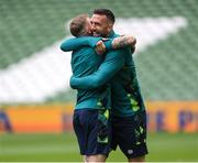 7 June 2022; Shane Duffy, right, and James McClean during a Republic of Ireland training session at Aviva Stadium in Dublin. Photo by Stephen McCarthy/Sportsfile