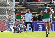 4 June 2022; Conor Leonard of Monaghan is tackled by Lee Keegan of Mayo during the closing moments of the GAA Football All-Ireland Senior Championship Round 1 match between Mayo and Monaghan at Hastings Insurance MacHale Park in Castlebar, Mayo. Photo by Piaras Ó Mídheach/Sportsfile