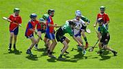 8 June 2022; Seán Lynch of Scoil Mhuire, Lucan, 12, in action against Belgrove BNS goalkeeper Dylan Murphy during the Corn Herald final at the Allianz Cumann na mBunscoil Hurling Finals in Croke Park, Dublin. Over 2,800 schools and 200,000 students are set to compete in the primary schools competition this year with finals taking place across the country. Allianz and Cumann na mBunscol are also gifting 500 footballs, 200 hurleys and 200 sliotars to schools across the country to welcome Ukrainian students into our national games and local communities. Photo by Piaras Ó Mídheach/Sportsfile