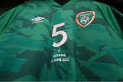 8 June 2022; The jersey of John Egan hangs in the Republic of Ireland dressing room before the UEFA Nations League B group 1 match between Republic of Ireland and Ukraine at Aviva Stadium in Dublin. Photo by Stephen McCarthy/Sportsfile