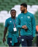 8 June 2022; Cyrus Christie, right, and Michael Obafemi of Republic of Ireland walk the pitch before the UEFA Nations League B group 1 match between Republic of Ireland and Ukraine at Aviva Stadium in Dublin. Photo by Stephen McCarthy/Sportsfile