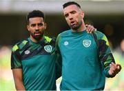 8 June 2022; Cyrus Christie, left, and Shane Duffy of Republic of Ireland before the UEFA Nations League B group 1 match between Republic of Ireland and Ukraine at Aviva Stadium in Dublin. Photo by Ben McShane/Sportsfile