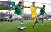 8 June 2022; Cyrus Christie of Republic of Ireland in action against Vitaliy Mykolenko of Ukraine during the UEFA Nations League B group 1 match between Republic of Ireland and Ukraine at Aviva Stadium in Dublin. Photo by Stephen McCarthy/Sportsfile