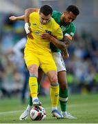 8 June 2022; Mykola Shaparenko of Ukraine in action against Cyrus Christie of Republic of Ireland during the UEFA Nations League B group 1 match between Republic of Ireland and Ukraine at Aviva Stadium in Dublin. Photo by Stephen McCarthy/Sportsfile