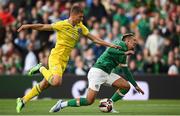 8 June 2022; Callum Robinson of Republic of Ireland is tackled by Valeriy Bondar of Ukraine during the UEFA Nations League B group 1 match between Republic of Ireland and Ukraine at Aviva Stadium in Dublin. Photo by Stephen McCarthy/Sportsfile