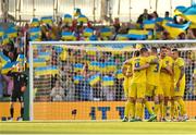 8 June 2022; Ukraine players celebrate a first half goal, scored by Taras Kacharaba, that was subsequently disallowed during the UEFA Nations League B group 1 match between Republic of Ireland and Ukraine at Aviva Stadium in Dublin. Photo by Seb Daly/Sportsfile