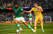 8 June 2022; Cyrus Christie of Republic of Ireland in action against Vitaliy Mykolenko of Ukraine during the UEFA Nations League B group 1 match between Republic of Ireland and Ukraine at Aviva Stadium in Dublin. Photo by Ben McShane/Sportsfile
