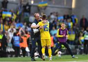 8 June 2022; Viktor Tsygankov of Ukraine celebrates with Ukraine manager Oleksandr Petrakov after scoring their side's first goal during the UEFA Nations League B group 1 match between Republic of Ireland and Ukraine at Aviva Stadium in Dublin. Photo by Ben McShane/Sportsfile