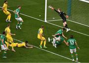 8 June 2022; Republic of Ireland goalkeeper Caoimhin Kelleher is beaten for Ukraine's first goal, scored by Viktor Tsygankov of Ukraine, not pictured, during the UEFA Nations League B group 1 match between Republic of Ireland and Ukraine at Aviva Stadium in Dublin. Photo by Eóin Noonan/Sportsfile