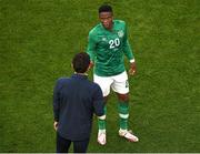 8 June 2022; Chiedozie Ogbene of Republic of Ireland speaking with Republic of Ireland coach Keith Andrews during the UEFA Nations League B group 1 match between Republic of Ireland and Ukraine at Aviva Stadium in Dublin. Photo by Eóin Noonan/Sportsfile