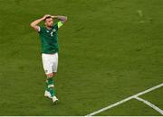 8 June 2022; Shane Duffy of Republic of Ireland reacts after a missed goal chance in the second half during the UEFA Nations League B group 1 match between Republic of Ireland and Ukraine at Aviva Stadium in Dublin. Photo by Eóin Noonan/Sportsfile