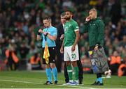 8 June 2022; CJ Hamilton of Republic of Ireland is spoke to by Republic of Ireland manager Stephen Kenny beafore coming on for his international debut during the UEFA Nations League B group 1 match between Republic of Ireland and Ukraine at Aviva Stadium in Dublin. Photo by Stephen McCarthy/Sportsfile