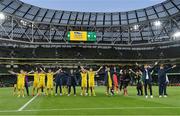 8 June 2022; Ukraine players and backroom staff applaud supporters after their side's victory in the UEFA Nations League B group 1 match between Republic of Ireland and Ukraine at Aviva Stadium in Dublin. Photo by Seb Daly/Sportsfile